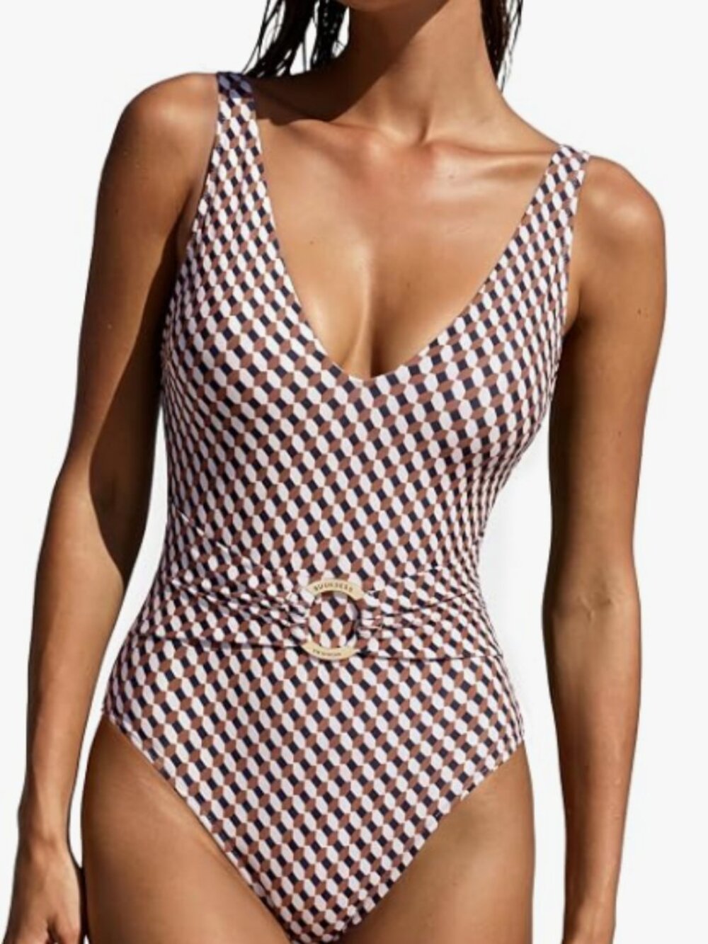 SUUKSESS Women Retro One Piece Swimsuit Metal Tummy Control V Neck Bathing Suit
